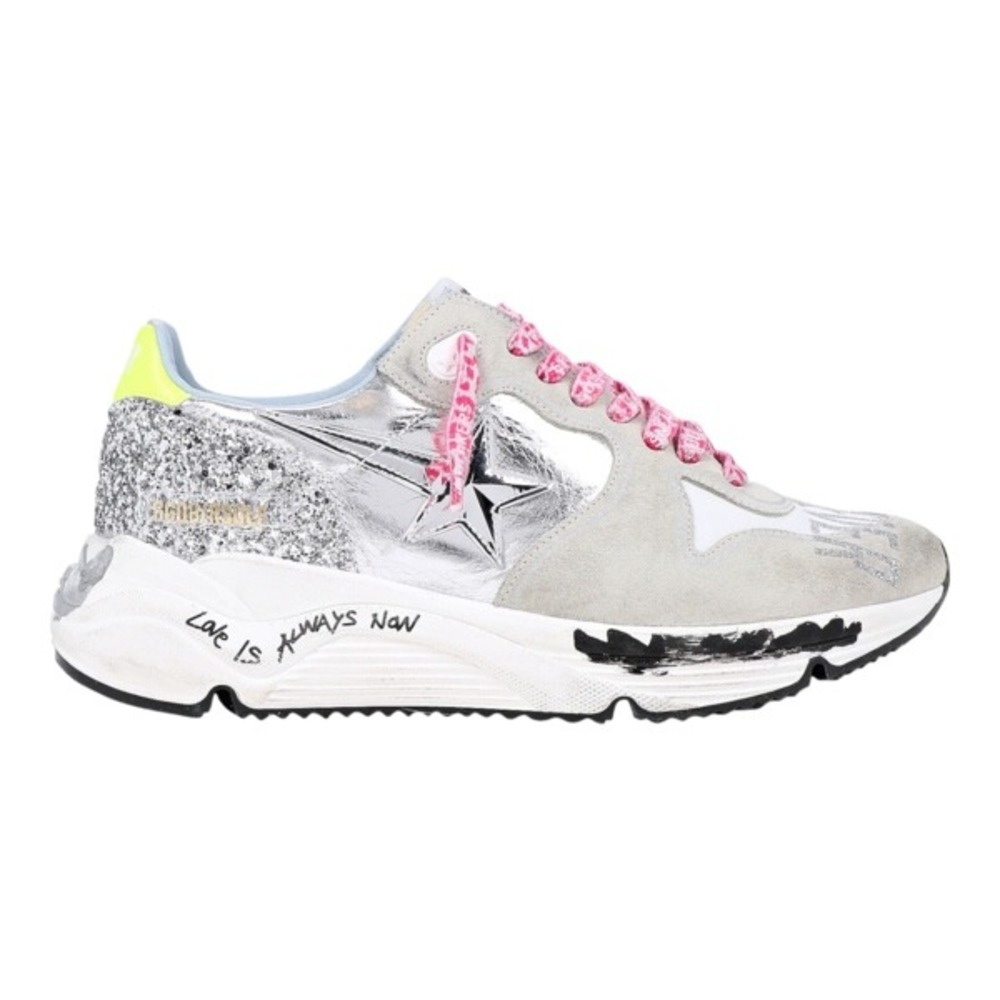 Golden Goose Running Shoe Womens Size 10 Silver Glitter Distressed Sneakers Chic
